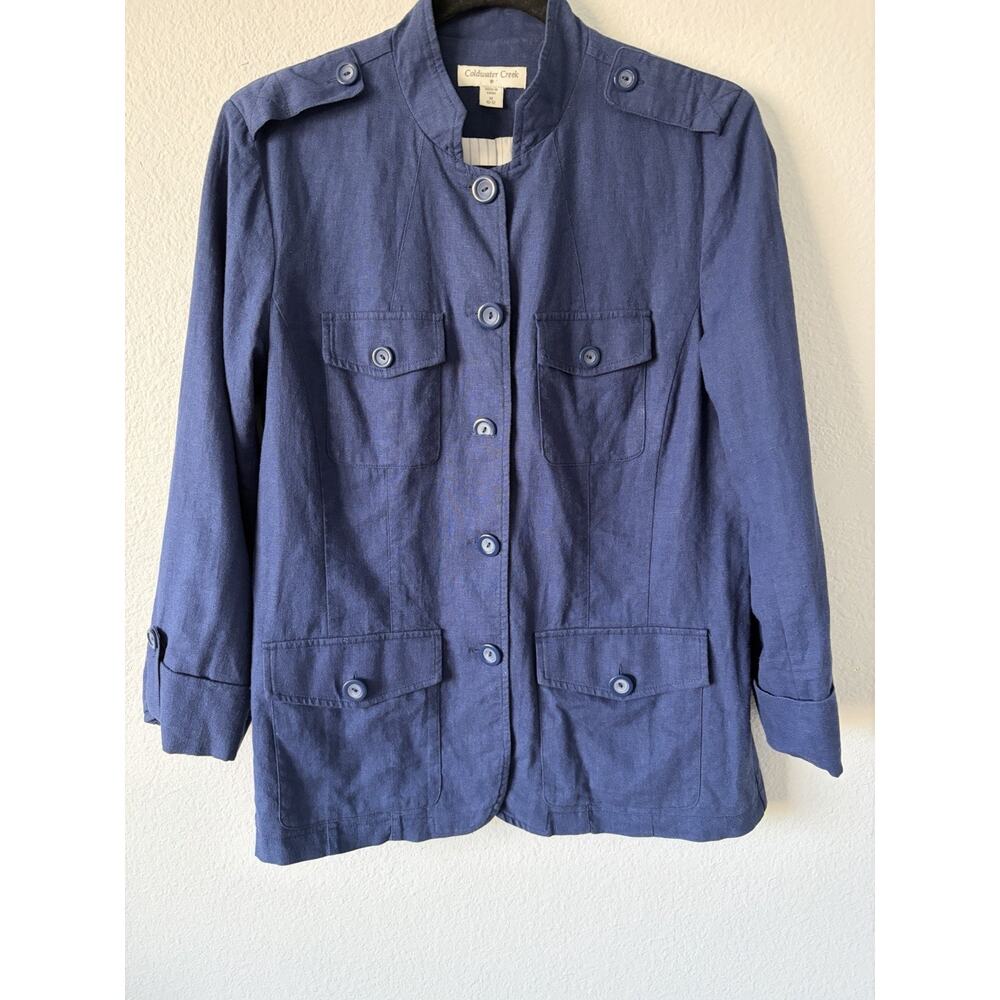 Coldwater Creek Linen Blend Women's M Blue Button up Military Jacket w/ pockets